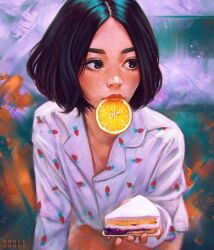 1girl angel_ganev artist_name black_eyes black_hair cake cake_slice commentary cowboy_shot english_commentary flat_chest food food_print fruit fruit_print green_background highres holding holding_cake holding_food lapels lemon lemon_slice looking_to_the_side mouth_hold parted_bangs real_life real_life_insert red_lips shirt short_hair sideways_glance simple_background sitting solo strawberry_print white_shirt