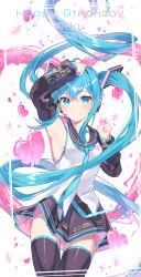 1girl absurdres ahoge aqua_eyes aqua_hair aqua_necktie armpits black_skirt blush boots breasts commentary detached_sleeves hair_between_eyes hair_ornament happy_birthday hatsune_miku headphones heart highres holding holding_heart kurobikari long_hair long_sleeves looking_at_viewer medium_breasts necktie open_mouth pleated_skirt shirt simple_background skirt sleeveless sleeveless_shirt smile solo thigh_boots thighhighs twintails vocaloid white_background white_shirt zettai_ryouiki