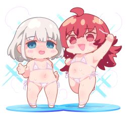 2girls :d ahoge bikini blue_eyes chibi grey_hair idolmaster idolmaster_shiny_colors komiya_kaho loli long_hair medium_hair micro_bikini multiple_girls navel nipples open_mouth red_eyes red_hair serizawa_asahi simple_background smile steam steaming_body sweat swimsuit takato_kurosuke white_background white_bikini