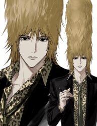 aged_up animal_print black_eyes blonde_hair closed_mouth collared_shirt hanazawa_teruki highres holding jacket leopard_print lips long_sleeves looking_at_viewer male_focus mob_psycho_100 necktie pale_skin parted_lips shirt simple_background sso_s tall_hair