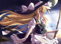 Rule 34 | 1girl, absurdres, apron, asuka (pixiv82529874), back bow, black hat, black skirt, black vest, blonde hair, bow, braid, broom, brown eyes, buttons, cloud, cloudy sky, commentary request, expressionless, grey background, hair bow, hat, hat bow, highres, holding, holding broom, kirisame marisa, light blush, long hair, motion blur, open mouth, outstretched hand, profile, shirt, short sleeves, single braid, skirt, sky, solo, touhou, vest, white apron, white bow, white shirt