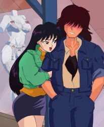 1boy 1girl bishoujo_senshi_sailor_moon blush bra brown_hair cropped_jacket facial_hair garter_belt garter_straps green_jacket hair_over_eyes highres hino_rei jacket kumada_yuuichirou lingerie mannequin miniskirt orange_sweater pants purple_eyes purple_hair roxy_rex skirt smile stubble sweater thighs turtleneck underwear