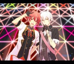2boys ahoge antenna_hair arm_ribbon asymmetrical_hair black_border black_coat black_gloves black_ribbon black_vest border bow bowtie braid brooch brown_eyes buttons character_name closed_mouth coat collared_coat collared_shirt commentary_request cowboy_shot dated dress_shirt earbuds earphones english_text gleam gloves grey_shirt grey_vest hair_between_eyes half_gloves hand_on_own_chin hand_on_own_head hand_on_own_hip happy_birthday heads_together highres idolish7 jewelry kujou_tenn lapels letterboxed light_particles male_focus multiple_boys nanase_riku nau_(rg_sn79) notched_lapels open_clothes open_coat open_mouth outdoors pants pink_sash red_bow red_bowtie red_eyes red_hair ribbon sash shirt short_hair short_sleeves single_braid sleeve_cuffs smile spotlight stage standing teeth two-sided_coat two-sided_fabric upper_teeth_only vest white_coat white_hair white_pants white_shirt white_sleeve_cuffs