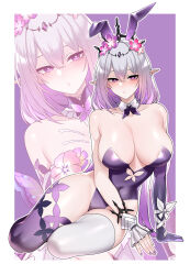 1girl absurdres alternate_costume animal_ears arm_support asymmetrical_legwear black_tiara blush border bow bowtie breasts castorice_(honkai:_star_rail) collar commentary_request covered_navel detached_collar dogs_(dlrkdejr26) elbow_gloves fake_animal_ears flower gloves gradient_hair grey_hair hair_flower hair_ornament highleg highleg_leotard highres honkai:_star_rail honkai_(series) korean_commentary large_breasts leotard long_hair looking_at_viewer multicolored_hair nail_polish parted_lips pink_flower playboy_bunny pointy_ears purple_background purple_bow purple_bowtie purple_eyes purple_gloves purple_hair purple_leotard purple_nails purple_thighhighs rabbit_ears sidelocks single_elbow_glove sitting solo stomach strapless strapless_leotard thighhighs tiara variant_set very_long_hair white_border white_collar white_thighhighs zoom_layer