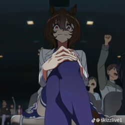Rule 34 | 1girl, agnes tachyon (umamusume), animal ears, anime screenshot, chair, closed mouth, collared shirt, crazy eyes, crazy smile, crossed legs, dot nose, female focus, hair between eyes, hands on knee, highres, horse ears, horse girl, horse tail, kneehighs, long sleeves, looking at viewer, miniskirt, pleated skirt, purple skirt, purple socks, purple thighhighs, shirt, sitting, skirt, smile, socks, solo, solo focus, tail, thighhighs, umamusume, umamusume: beginning of a new era, watermark, white shirt, zettai ryouiki