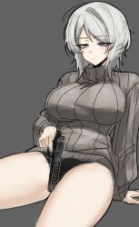 Rule 34 | 1girl, absurdres, black panties, breasts, closed mouth, desert eagle, faust (project moon), grey sweater, gun, handgun, highres, holding, holding gun, holding weapon, large breasts, limbus company, long sleeves, panties, project moon, ribbed sweater, short hair, sidelocks, sitting, solo, sweater, underwear, vvernerluniq, weapon, white hair