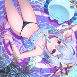 1girl amane_kanata angel_wings bikini black_bikini blue_bikini blue_hair blue_nails blue_wings blurry blurry_foreground bob_cut bra colored_inner_hair double-parted_bangs feathered_wings food food-themed_hair_ornament food_in_mouth frilled_bikini frills gradient_wings grey_hair hair_between_eyes hair_ornament hairclip halo hand_up hashtag-only_commentary highres hololive ice_cream_hair_ornament linea_alba looking_at_viewer lying mini_wings mismatched_bikini multi-strapped_bikini_top multicolored_hair multicolored_wings nail_polish nametakeko navel on_back palm_leaf pink_hair popsicle popsicle_in_mouth purple_eyes short_hair solo star_halo stomach streaked_hair swimsuit underwear upao_(amane_kanata) upside-down virtual_youtuber water white_wings wings