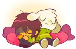 1boy 1other ache13337003 asriel_dreemurr black_pants black_shoes brown_hair chara_(undertale) chibi closed_eyes double-parted_bangs furry furry_male goat_boy green_sweater hair_between_eyes highres long_sleeves pants pillow red_pillow shoes sitting sleeping striped_clothes striped_sweater sweater u_u undertale white_background