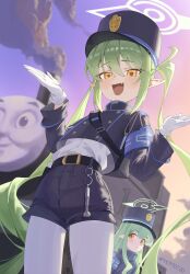 2girls :d absurdres armband belt black_belt black_hat black_jacket black_shorts blue_archive blue_armband blue_jacket closed_mouth cloud day fang gloves green_hair green_halo hair_between_eyes halo hands_up hat highres hikari_(blue_archive) jacket long_hair long_sleeves looking_at_another looking_at_viewer multiple_girls nozomi_(blue_archive) open_mouth outdoors pantyhose pointy_ears shirt short_shorts shorts siblings sidelocks sisters skin_fang sky smile smoke smokestack sunset syc2159 thomas_the_tank_engine thomas_the_tank_engine_(character) train train_conductor twintails very_long_hair whistle white_gloves white_pantyhose white_shirt yellow_eyes