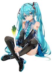 Rule 34 | 1girl, :t, aqua eyes, aqua hair, aqua nails, aqua necktie, aqua trim, arm tattoo, bare shoulders, black boots, black skirt, black sleeves, blush, boots, breasts, closed mouth, collared shirt, convenient censoring, convenient leg, crossed ankles, crossed bangs, detached sleeves, facing viewer, food, grey shirt, hair between eyes, hair ornament, hatsune miku, headset, highres, holding, holding food, holding spring onion, holding vegetable, indian style, long hair, looking to the side, necktie, number tattoo, pleated skirt, pout, shirt, sidelocks, sideways glance, simple background, sitting, skirt, sleeveless, sleeveless shirt, small breasts, solo, spring onion, takepon1123, tattoo, thigh boots, twintails, vegetable, very long hair, vocaloid, white background