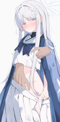 1boy 1girl absurdres bandaged_arm bandages black_undershirt blue_archive blue_bow blue_bowtie blush bow bowtie clothes_pull commentary cropped_shirt disembodied_hand flying_sweatdrops grey_hair groin halo hand_under_clothes haori heart hetero highres japanese_clothes long_hair looking_at_viewer nagusa_(blue_archive) navel nipple_stimulation nipple_tweak nose_blush nui_(nuinui0300) open_clothes open_skirt pleated_skirt school_uniform serafuku simple_background skirt skirt_pull stomach straight_hair sweat translation_request very_long_hair white_background white_serafuku