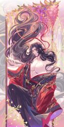 1boy absurdres alcohol black_hair black_robe black_sash chinese_clothes chinese_commentary coat code:_kite cup curtained_hair feet_out_of_frame floating_hair flower hair_ribbon hair_tubes hanfu highres holding holding_cup liu_bian_(code:_kite) long_hair long_sleeves looking_at_object male_focus off_shoulder open_clothes open_robe parted_bangs parted_lips pectoral_cleavage pectorals pink_flower plant red_coat red_ribbon ribbon robe sakazuki sash single_bare_shoulder sitting snow234 solo very_long_hair vines wavy_hair yaopei yellow_eyes zoom_layer