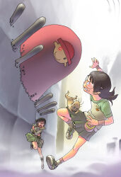 2girls :o animal augmented_reality black_hair brown_hair dennou_coil densuke_(dennou_coil) dog glasses glowing glowing_eye green_skirt grey_skirt hashimoto_fumie highres holding holding_animal holding_dog honzawa_yuuichirou medium_hair multiple_girls okonogi_yuuko outdoors oyaji_(dennou_coil) pouch running school_uniform searchmaton_(dennou_coil) shirt shoes short_hair skirt sneakers sweatdrop t-shirt wristband