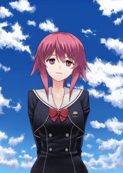10s 1girl arms_behind_back badge black_serafuku blue_sky bow bowtie breasts chaos;child cloud cloudy_sky collarbone day female_focus gonoike_biwa head_tilt long_sleeves looking_at_viewer medium_breasts onoe_serika parted_lips pink_eyes pink_hair red_bow red_bowtie school_uniform serafuku short_hair_with_long_locks sky smile solo upper_body