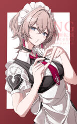 1girl apron black_dress blue_eyes border breasts brown_hair candy commentary_request dress earrings food food_in_mouth four-finger_heart_hands heart heart_hands highres honkai_(series) honkai_impact_3rd jewelry lantern_(honkai_impact) lollipop maid maid_apron maid_headdress qf_ivi red_border short_hair simple_background solo white_apron white_background