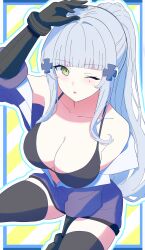 1girl ;o absurdres bare_shoulders between_legs black_bra black_gloves blue_hair blush bra breasts cleavage clothes_pull cross elbow_gloves facepaint girls&#039;_frontline girls&#039;_frontline_2:_exilium gloves green_eyes hair_ornament hairclip hand_between_legs hand_up highres hk416_(girls&#039;_frontline) iron_cross jacket jacket_pull klukai_(girls&#039;_frontline_2) long_hair looking_at_viewer medium_breasts off_shoulder one_eye_closed partially_unzipped ponytail sitting solo teardrop thighs uchikata_takeaki underwear very_long_hair