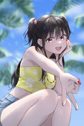 1girl :d absurdres bare_shoulders black_hair blurry blurry_background day denim denim_shorts floral_print gyaru_v head_rest highres isshokuitaru jewelry kimoota_idol_yarutteyo long_hair midriff nail_polish necklace open_mouth outdoors red_nails ring shirt shorts smile solo squatting two_side_up v yellow_shirt
