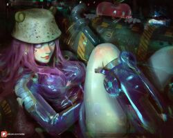 1boy 1girl animal_ears animal_hat anti-eyebrow_piercing apple bear_ears bucket_hat cameo dr._vegapunk face_piercing food fruit full_body hat jewelry_bonney lead_pipe leotard lipstick long_hair long_sleeves looking_at_viewer makeup mechanical_boots on_chair one_piece piercing pink_eyes pink_hair red_lips sebijy smile solo