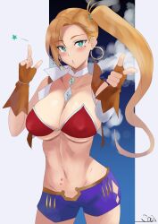 1girl absurdres bare_shoulders bikini blonde_hair blue_shorts blush breasts brown_gloves brown_vest calamity_jane_(fate) calamity_jane_(first_ascension)_(fate) cleavage collarbone cropped_vest double_finger_gun earrings elbow_gloves fate/grand_order fate_(series) finger_gun fingerless_gloves forehead gloves green_eyes highres hoop_earrings jewelry large_breasts long_hair looking_at_viewer navel neck_ring open_clothes open_mouth open_vest parted_bangs red_bikini revision s4ika shorts side_ponytail solo star_tattoo swimsuit tattoo thighs vest