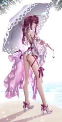 1girl absurdres ass backless_outfit blush bow breasts commentary cowboy_shot detached_sleeves footwear_bow grey_sandals high_heels highres holding holding_umbrella honkai:_star_rail honkai_(series) kafka_(honkai:_star_rail) large_breasts long_hair long_sleeves looking_at_viewer parted_lips pink_lips ponytail purple_bow purple_eyes purple_hair ringeko-chan sandals smile solo standing thighs umbrella white_umbrella