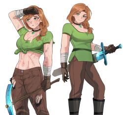 1girl alex_(minecraft) arm_up bandaged_arm bandages black_boots boots braid breasts brown_gloves brown_pants choker cleavage commentary dirty dirty_clothes dirty_face exhausted feet_out_of_frame gem gloves green_eyes green_gemstone green_shirt hair_over_shoulder half-closed_eyes highres holding holding_pickaxe holding_sword holding_weapon jourd4n knee_boots large_breasts looking_at_viewer looking_to_the_side medium_hair midriff minecraft multiple_views navel orange_hair pants pendant_choker pickaxe scar sheath sheathed shirt simple_background single_braid smile standing straight_hair sweat sword three_quarter_view toned toned_female torn_clothes torn_pants torn_shirt weapon white_background