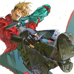 1boy atiti_(ttttt945) blonde_hair boots coat dual_wielding gun handgun highres holding mechanical_arms orange-tinted_eyewear prosthesis prosthetic_arm red_coat revolver round_eyewear short_hair single_mechanical_arm tinted_eyewear trigun trigun_stampede vash_the_stampede weapon