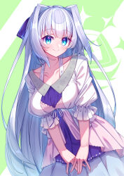 1girl 9-nine- blue_dress blue_eyes blue_hair blue_ribbon blunt_bangs blush breasts casual cleavage closed_mouth collarbone commentary_request cowboy_shot dress dutch_angle eyes_visible_through_hair green_background hair_intakes hair_ribbon happy highres kousaka_haruka large_breasts long_hair looking_at_viewer mate_(oktavia1121) multicolored_dress puffy_short_sleeves puffy_sleeves ribbon short_sleeves simple_background smile solo straight_hair two-tone_background very_long_hair white_background