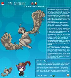 1boy 1girl artist_name character_name character_profile colored_skin commentary creatures_(company) english_commentary english_text game_freak gen_1_pokemon geodude hat hat_feather highres kinkymation monster_girl nintendo personification poke_ball poke_ball_(basic) pokemon purple_hair