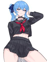 1girl absurdres alternate_costume black_choker black_sailor_collar black_shirt black_skirt blue_eyes blue_hair bracelet choker closed_mouth hair_ribbon highres hololive hoshimachi_suisei jewelry looking_at_viewer midriff miniskirt neckerchief pleated_skirt red_neckerchief ribbon rokosannn sailor_collar school_uniform shirt side_ponytail simple_background skirt solo star_bracelet virtual_youtuber