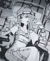 1girl ahoge bandaged_arm bandages bare_shoulders belt belt_buckle bra buckle chest_belt collarbone commentary cowboy_shot dress eyelashes greyscale half-closed_eyes holding holding_skewer intravenous_drip long_dress long_hair mask monochrome multiple_belts off-shoulder_dress off_shoulder on_chair original parted_lips red_hod shadow short_sleeves sidelocks sitting skewer solo stitched_neck stitches symbol-only_commentary thigh_belt thigh_strap torn_clothes torn_sleeves triangle_mouth underwear