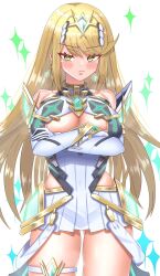 1girl blush breasts chest_jewel core_crystal_(xenoblade) cowboy_shot crossed_arms earrings highres jewelry large_breasts looking_at_viewer meipasuye mythra_(xenoblade) simple_background solo sparkle tiara white_background xenoblade_chronicles_(series) xenoblade_chronicles_2