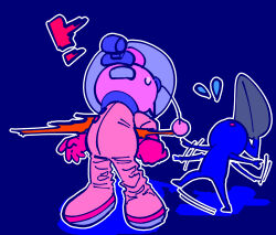 ! 1boy afterimage back_pain bad_tag big_nose blue_background blue_pikmin blue_skin buttons colored_skin flat_color flying_sweatdrops frown full_body gloves helmet highres leaf leaning_back leg_up motion_blur newtype_flash nintendo olimar open_mouth outline pain parted_lips pikmin_(creature) pikmin_(series) radio_antenna red_gloves shadow simple_background space_helmet spacesuit surprised whistle white_outline yu_pikmin