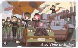 6+girls absurdres aircraft airplane akiyama_yukari black_hair blonde_hair braid brown_eyes brown_hair building car chimney fenuier flag floating germany girls_und_panzer girls_und_panzer_gekijouban girls_und_panzer_saishuushou gun highres holding holding_gun holding_weapon machine_gun military_vehicle motor_vehicle mp40 multiple_girls original parade pink_hair round_eyewear salute smoke smokestack soldier stuffed_animal stuffed_toy submachine_gun tank teddy_bear tiger_i twin_braids weapon window