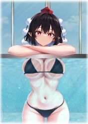 1girl absurdres against_fourth_wall against_glass bikini black_bikini black_hair breast_press breasts breasts_on_glass closed_mouth commentary cowboy_shot crossed_arms curvy hat highres large_breasts leo23 looking_at_viewer navel pointy_ears pom_pom_(clothes) pool red_eyes red_hat ribs shameimaru_aya short_hair solo stomach swimsuit thick_thighs thighs tokin_hat touhou water