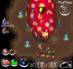Rule 34 | 2boys, badassbill, battle, blue pikmin, brown hair, commentary, empress bulblax, english commentary, from behind, ghost, louie (pikmin), lowres, motion lines, multiple boys, mushroom, nintendo, olimar, pikmin (creature), pikmin (series), pikmin 2, pointy ears, red pikmin, short hair, spacesuit, throwing, underground, user interface, very short hair, yellow pikmin