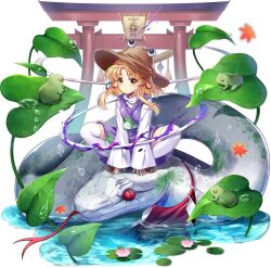 1girl animal animal_print autumn_leaves blonde_hair breasts brown_hat closed_mouth falling_leaves flower frog frog_print full_body game_cg hair_ribbon hat highres leaf lily_pad long_hair long_sleeves looking_at_viewer maple_leaf mishaguji moriya&#039;s_iron_rings moriya_suwako official_art oversized_animal pink_flower purple_skirt purple_vest red_eyes red_ribbon ribbon rotte_(1109) shoes sidelocks sitting skirt skirt_set snake solo squatting thighhighs third-party_source tongue tongue_out torii touhou touhou_lostword transparent_background tress_ribbon vest water water_lily_flower white_snake white_thighhighs wide_sleeves yellow_eyes