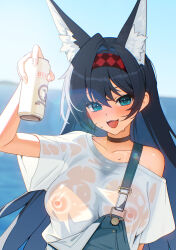 1girl :d alcohol animal_ear_fluff animal_ears aqua_eyes arknights arm_up bare_shoulders beer beer_can black_choker black_hair blaze_(arknights) blush breasts can choker collarbone commentary covered_erect_nipples day drink drink_can ett hair_between_eyes hair_intakes hairband highres holding holding_can holding_drink large_breasts lens_flare long_hair off_shoulder open_mouth outdoors red_hairband see-through_clothes shirt short_sleeves smile solo sunlight t-shirt upper_body white_shirt