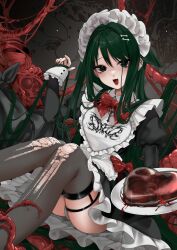 1girl absurdres alternate_costume apron black_dress black_thighhighs blood bone_hair_ornament bow bowtie collared_dress dakemichan dress enmaided fingernails frilled_apron frilled_dress frills green_eyes green_hair hair_flaps hair_flowing_over hair_ornament heart_(organ) highres holding holding_plate juliet_sleeves legwear_garter long_hair long_sleeves looking_at_viewer maid maid_apron maid_headdress organs panties plate puffy_sleeves red_bow red_bowtie red_nails saya_(saya_no_uta) saya_no_uta sharp_fingernails sitting smile solo thighhighs torn_clothes torn_thighhighs underwear very_long_hair white_panties