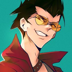 1boy absurdres aviator_sunglasses black_hair collared_jacket commentary english_commentary glasses highres jacket looking_at_viewer male_focus nem_graphics no_more_heroes portrait simple_background smile solo spiked_hair sunglasses travis_strikes_back:_no_more_heroes travis_touchdown