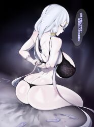 1girl aftersex arms_behind_back ass atelier_(series) atelier_ryza atelier_ryza_3 bare_legs bare_shoulders bed black_bra black_panties bra breasts butt_crack closed_eyes condom curvy from_behind hair_ornament hairclip hanging_breasts highres huge_ass huge_breasts japanese_text light_blush lila_decyrus long_hair low_twintails open_mouth pale_skin panties pussy_juice_stain shoujo_donburi simple_background sitting solo talking translation_request twintails underwear underwear_only used_condom very_long_hair wet_sheets white_hair