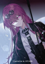 1girl alternate_hairstyle artist_name black_gloves black_jacket black_necktie black_umbrella breasts closed_mouth collared_shirt commentary_request earrings eyewear_on_head glasses gloves glowing glowing_eyes highres holding holding_umbrella honkai:_star_rail honkai_(series) jacket jewelry kafka_(honkai:_star_rail) large_breasts long_hair looking_at_viewer necktie pince-nez purple_eyes purple_hair rain round_eyewear shirt smile solo srpzk sunglasses umbrella upper_body white_shirt