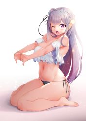 1girl bare_shoulders barefoot black_panties blunt_bangs braid breasts cleavage crown_braid emilia_(re:zero) flower full_body hair_flower hair_ornament hair_ribbon highres kokuu_rikishi large_breasts legs long_hair looking_at_viewer navel one_eye_closed open_mouth panties pointy_ears purple_eyes re:zero_kara_hajimeru_isekai_seikatsu ribbon side-tie_panties silver_hair simple_background sitting solo stomach thighs underwear wariza white_background