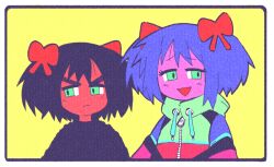 2girls 4chan black_hair black_shirt blue_hair border bow bury_ebil_gril bury_ebil_gril bury_pink_gril closed_mouth colored_skin frown green_eyes green_hoodie hair_bow hood hood_down hoodie inkerton-kun long_hair looking_afar looking_at_viewer multiple_girls open_mouth pink_skin red_bow red_skin shirt short_hair smile upper_body very_long_hair white_border yellow_background