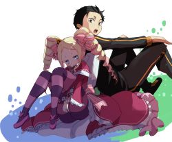 Rule 34 | 1boy, 1girl, :o, age difference, back-to-back, beatrice (re:zero), black hair, blonde hair, brown eyes, butterfly-shaped pupils, capelet, dress, drill hair, frilled dress, frilled sleeves, frills, fur-trimmed capelet, fur trim, hair ornament, hair ribbon, hair slicked back, multicolored eyes, natsuki subaru, pana, pana so, pantyhose, re:zero kara hajimeru isekai seikatsu, ribbon, sitting, symbol-shaped pupils, teenage boy and younger girl, track suit, twin drills