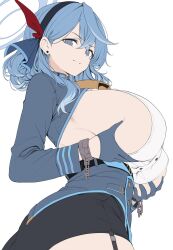 1girl ako_(blue_archive) bell blue_archive blue_eyes blue_hair breasts chain cowbell cuffs earrings from_below garter_straps gloves grabbing_own_breast halo headband highres huge_breasts jewelry long_sleeves looking_at_viewer re0n red_ribbon ribbon shackles short_hair sideboob simple_background solo white_background