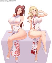 2girls absurdres alternate_costume breasts brown_eyes brown_hair chinese_clothes colored_eyelashes commission covered_erect_nipples fire_emblem fire_emblem_fates grey_eyes hair_over_one_eye highres hitodama kagero_(fire_emblem) lokidrawsart multiple_girls nintendo ophelia_(fire_emblem)