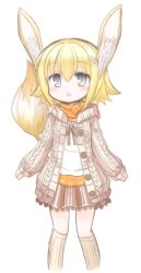 1girl animal_ears black_eyes blonde_hair emil_chronicle_online frr_(akf-hs) highres open_clothes open_mouth sandrat_alma skirt standing sweater tail thighhighs white_background