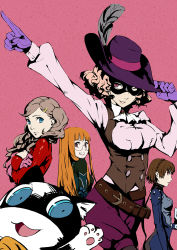 10s 4girls blonde_hair blue_eyes braid brown_eyes brown_hair club3 crown_braid glasses highres long_hair mask morgana_(persona_5) multiple_girls niijima_makoto okumura_haru orange_hair persona persona_5 red_eyes sakura_futaba short_hair takamaki_anne twintails underbust