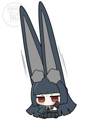 1girl animal_ear_fluff animal_ears black_hair black_necktie black_skirt blunt_bangs blush chibi chibi_only comically_large_ears dress_shirt fox_ears fox_girl green_jacket high-waist_skirt hoshimi_miyabi jacket long_hair looking_ahead meme necktie red_eyes shadow shinonome_nashi shirt sidelocks simple_background skirt solo standing typo watermark white_background white_shirt zenless_zone_zero