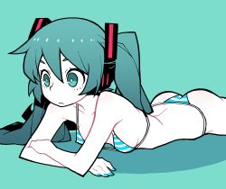 1girl akableak ass bikini blue_background blue_bikini blue_eyes blue_hair blue_nails breasts closed_mouth hatsune_miku highres long_hair lying nail_polish on_stomach simple_background small_breasts solo striped_bikini striped_clothes swimsuit twintails vocaloid